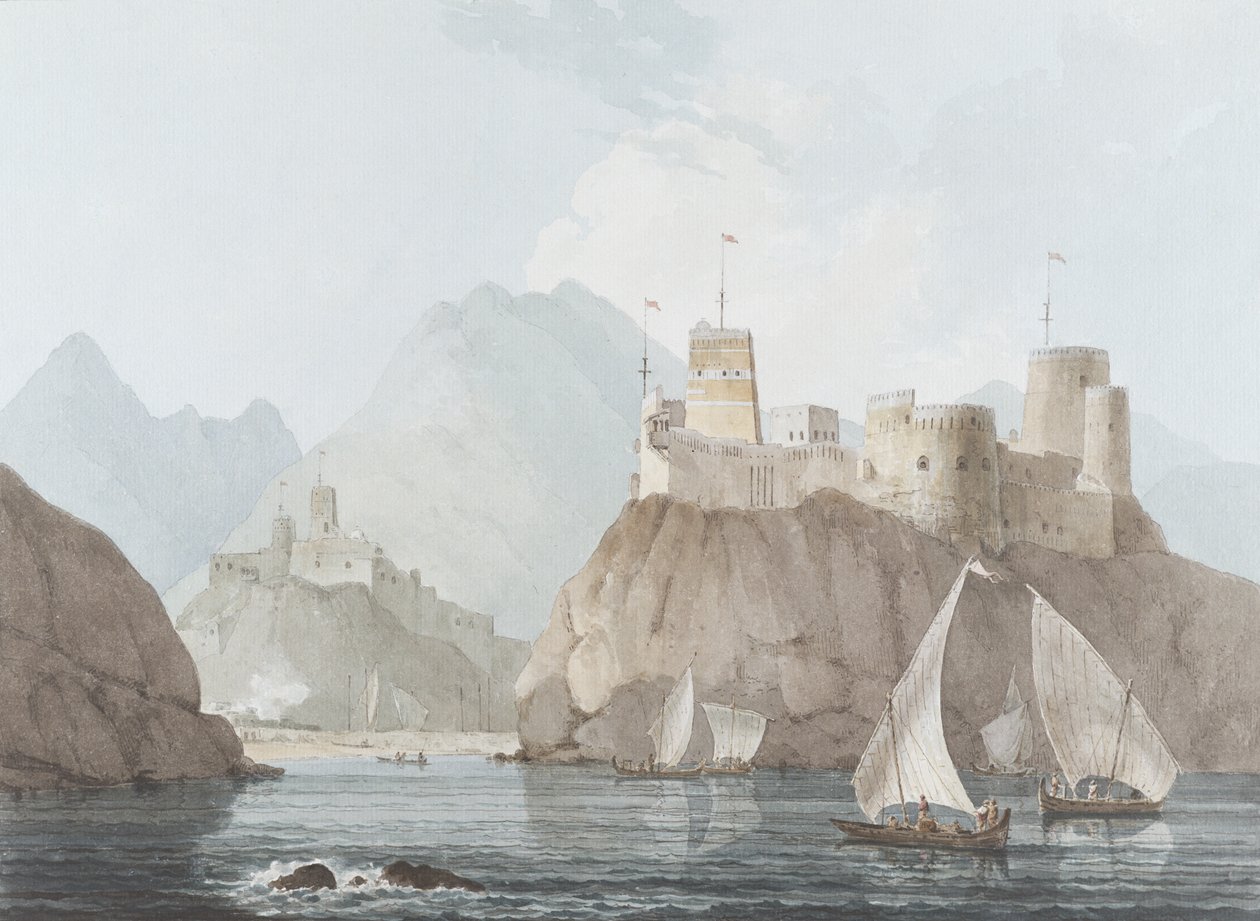 East View of the Forts Jellali and Merani, Muskah, Arabia, juni 1793 (wc, pen og blæk og blyant på papir) af Thomas und William Daniell