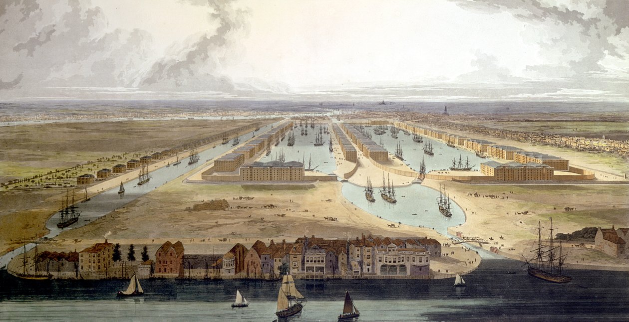 Forhøjet udsigt over den nye dok og pakhuse, 1802 af Thomas und William Daniell