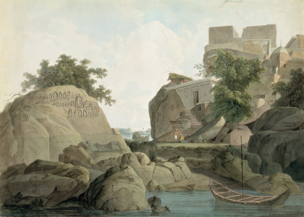 Fakirens klippe ved Sultanganj, ved Gangesfloden, Indien, ca. 1790 (wc over grafit på papir) af Thomas und William Daniell