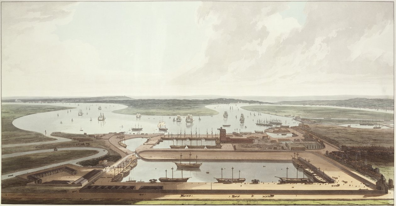 Udsigt over de østindiske havne, 1803 (akvatint) af Thomas und William Daniell