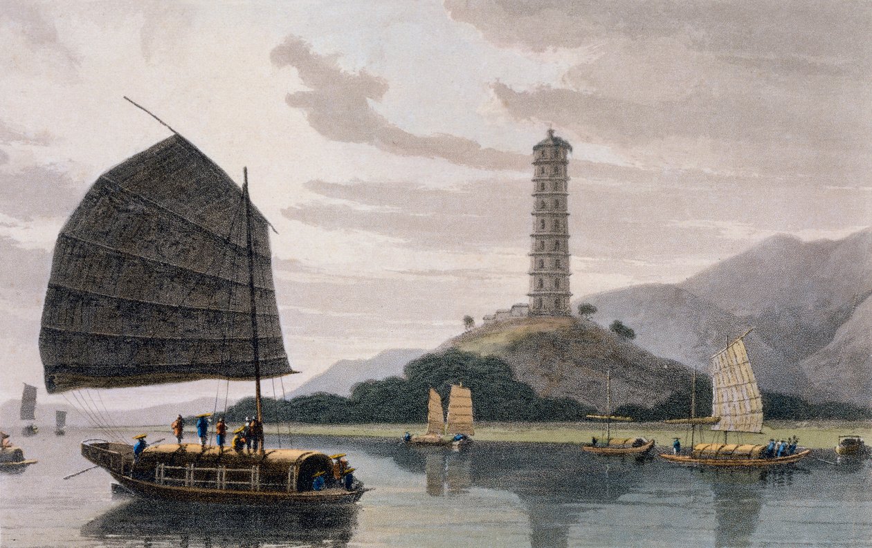Wham Poa Pagoda, med sejlende både foran, fra "A Picturesque Journey to India, by the Way of China", 1810 af Thomas und William Daniell