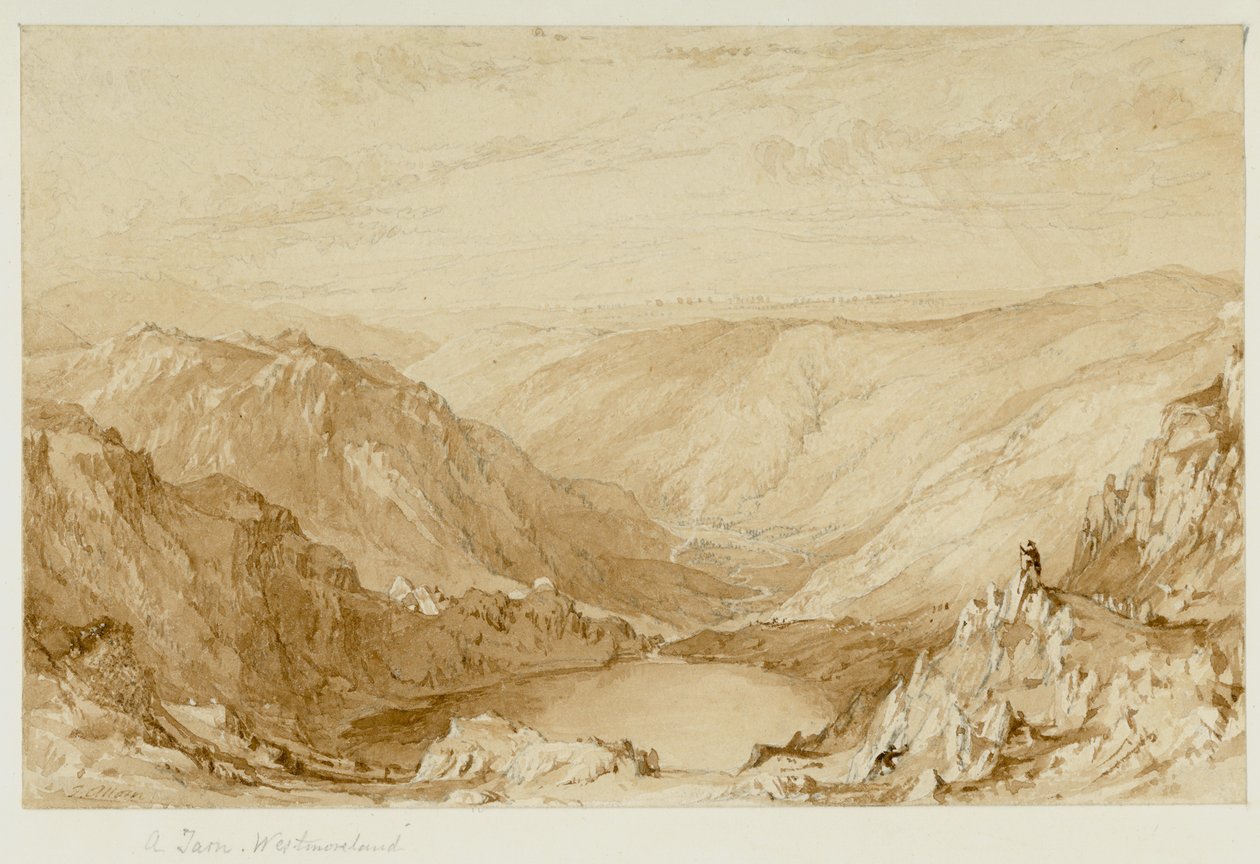 A Tarn, Westmorland (Small Water Tarn from Nanbield, Looking into Mardale) (blyant og akvarel (sepia) på papir) af Thomas Allom