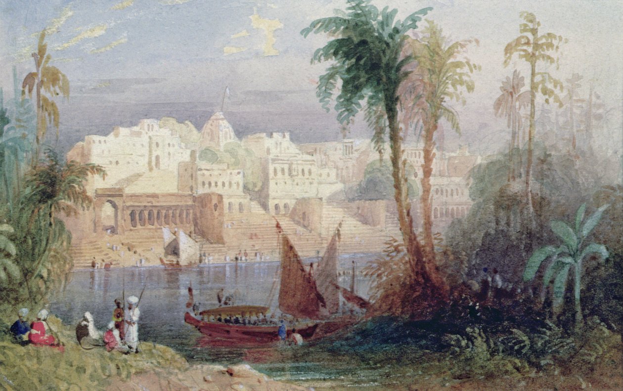 Udsigt over en indisk by ved siden af en flod med både på floden og figurer i forgrunden af Thomas Allom