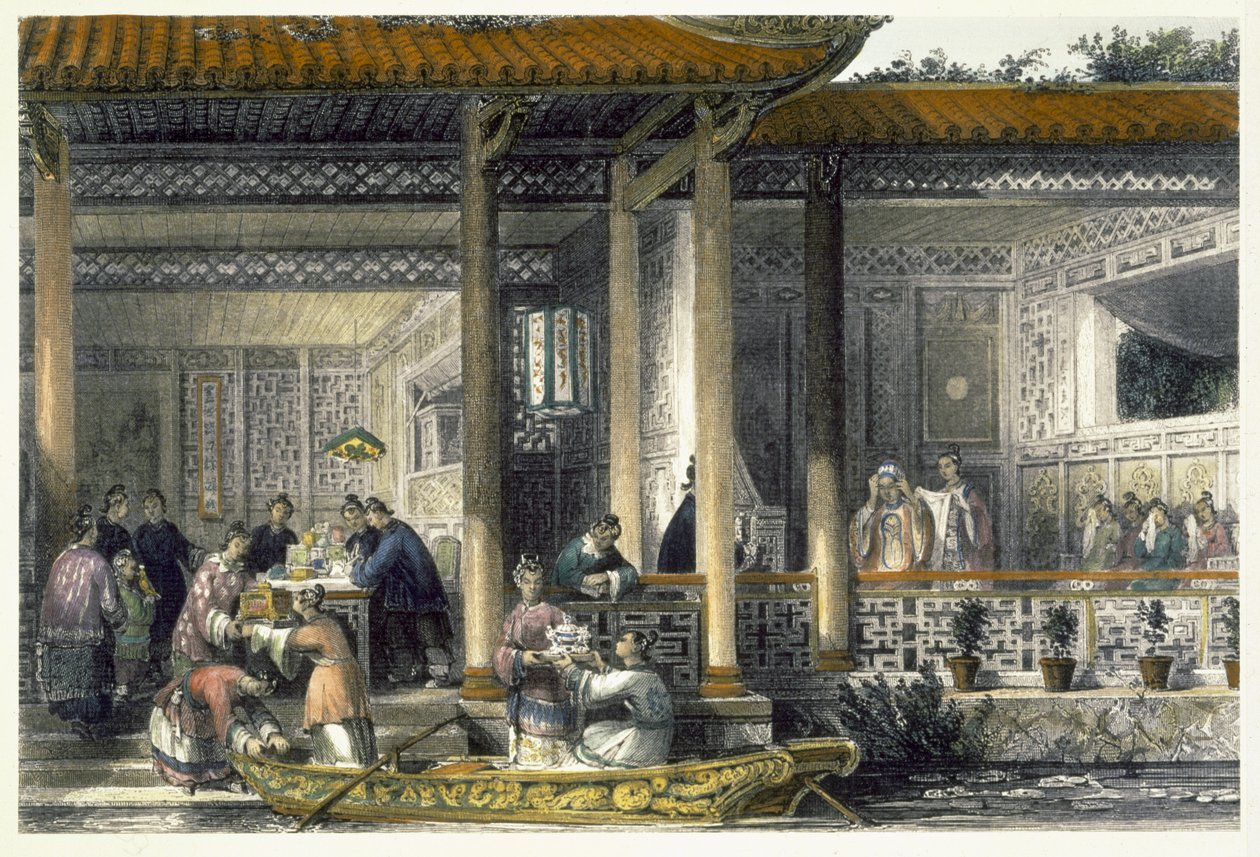 Ankomst af bryllupsgaver til brudens bolig, fra "China in a Series of Views" af George Newenham Wright (ca.1790-1877) 1843 af Thomas Allom