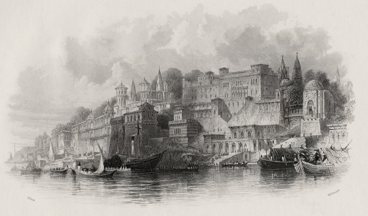 Benares, Indien, graveret af A. Willmore (1814-88) af Thomas Allom