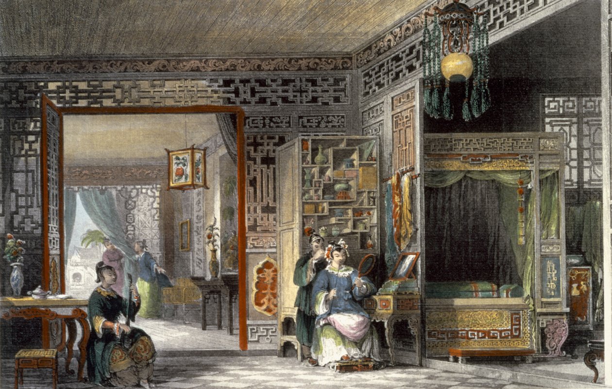 Boudoir og sengekammer for en dame af rang, fra "China in a Series of Views" af George Newenham Wright (ca.1790-1877) 1843 af Thomas Allom