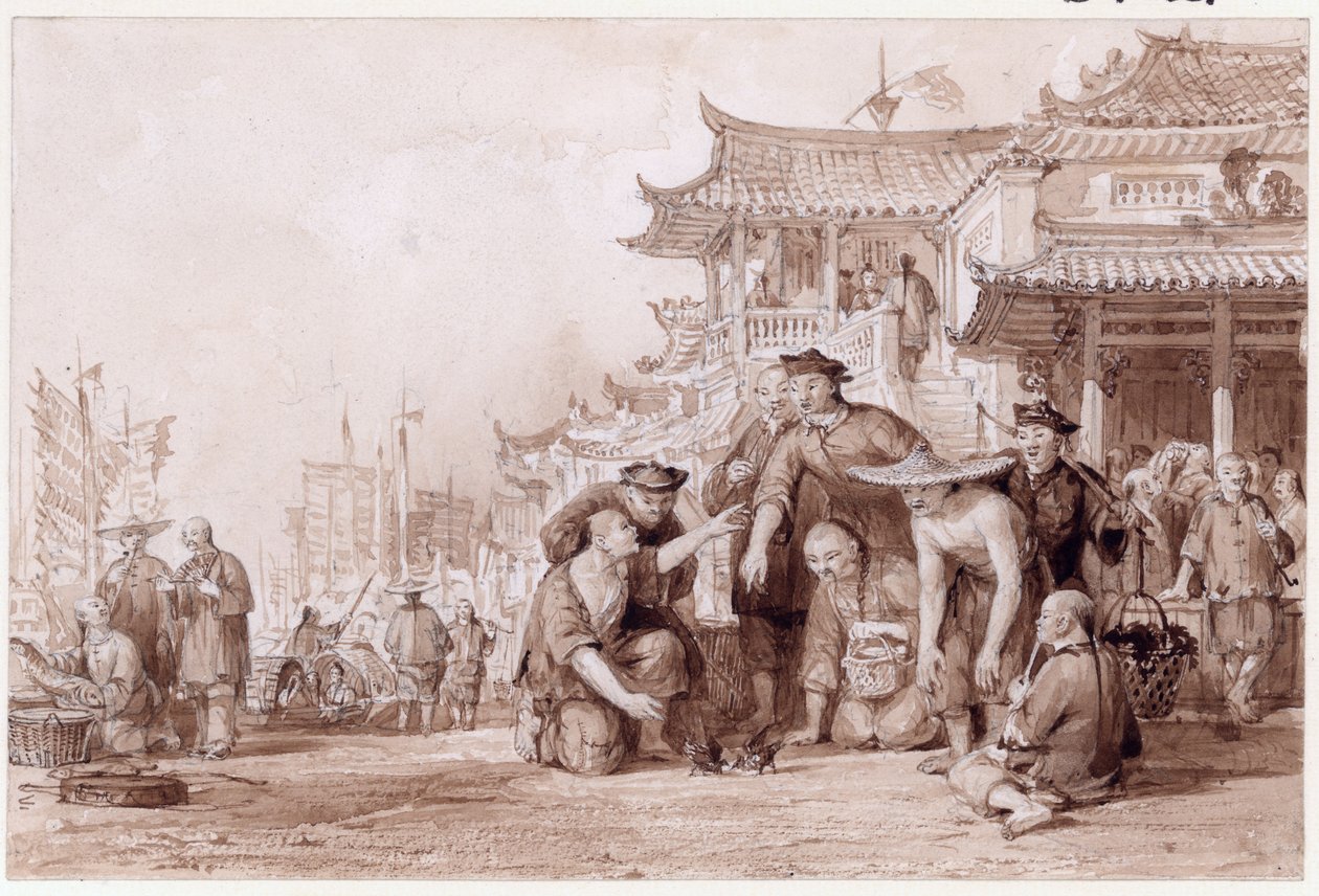 Canton Bargemen Fighting Quails, 1843 (blæk og blyant på papir) af Thomas Allom