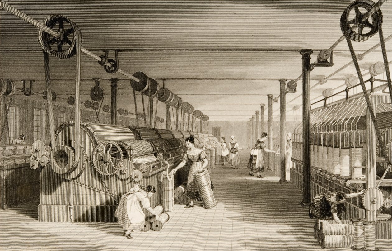 Kardning, tegning og roving, Bomuldsfabriksgulv, graveret af James Tingle (fl.1830-60) c.1830 af Thomas Allom