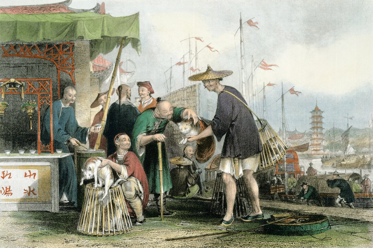 Kinesiske kattehandlere, fra "China in a Series of Views" af George Newenham Wright (ca.1790-1877) 1843 af Thomas Allom