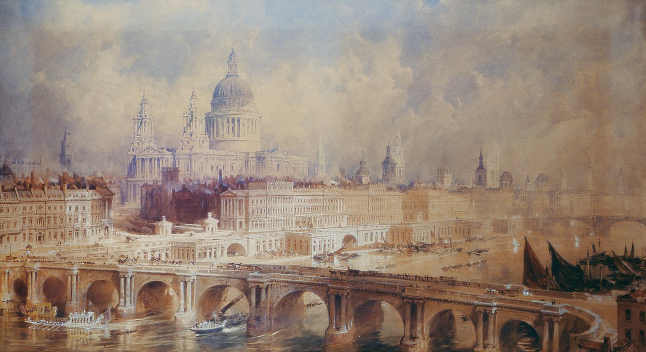Design til Thames Embankment, set nedstrøms af Thomas Allom