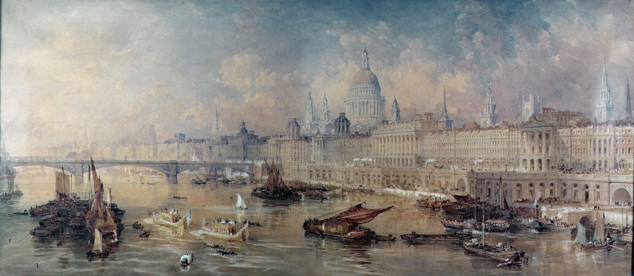 Design til Thames Embankment, set opstrøms af Thomas Allom