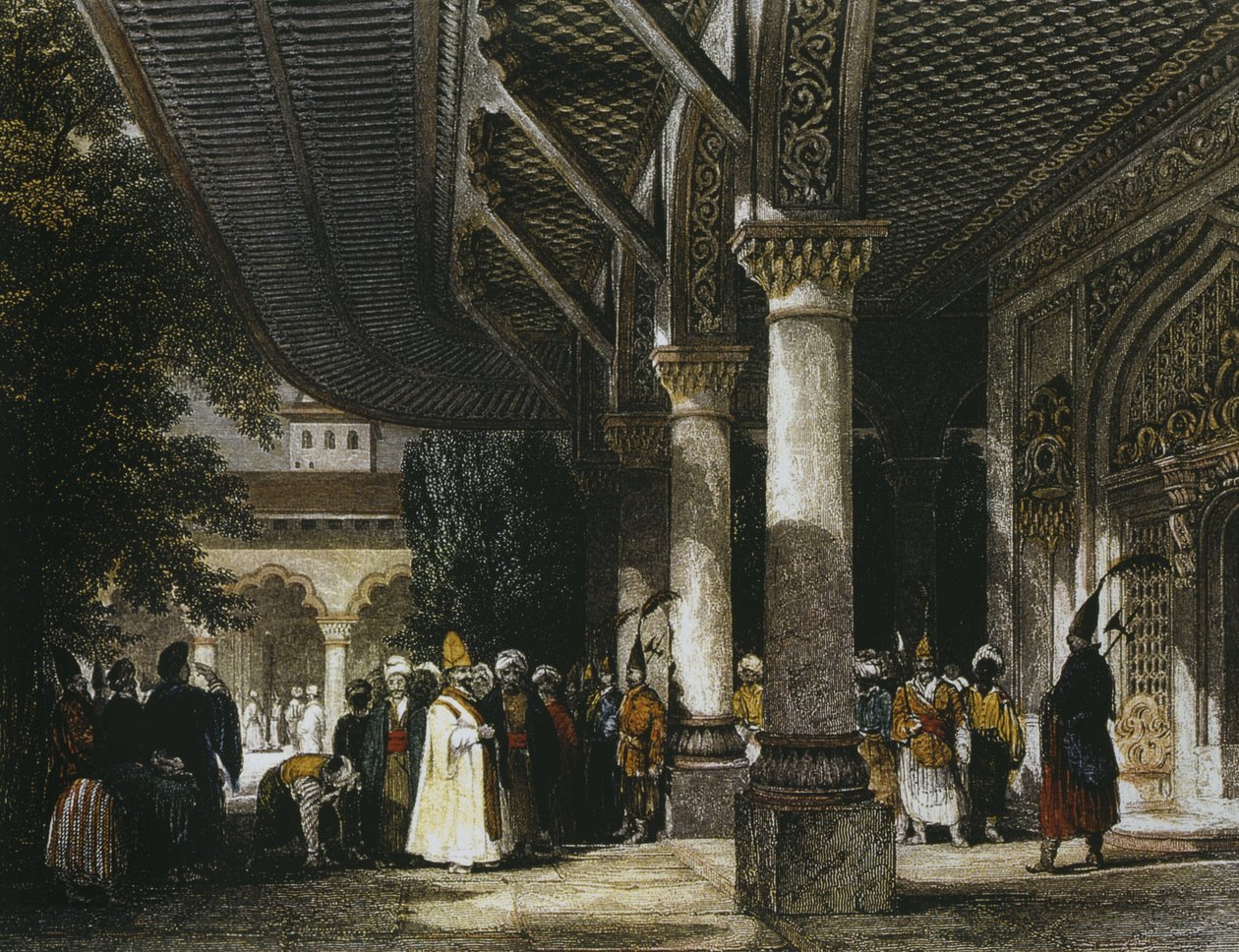 Interiør af Topkapi-paladset med Felicity-porten (Bab-i-Saadet) Istanbul, 1839 (farvegravering) af Thomas Allom