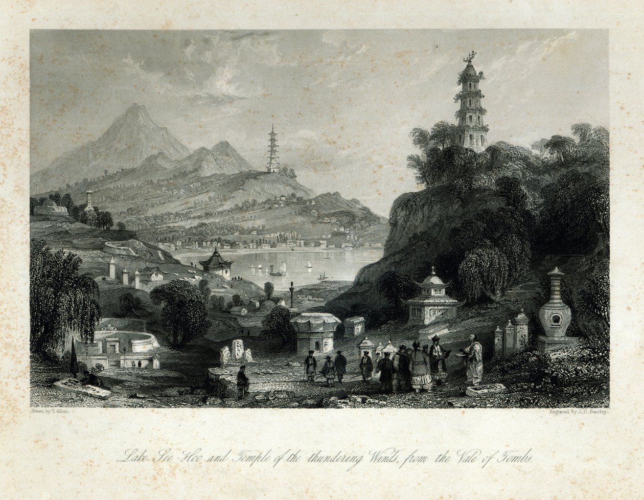 Lake See-Hoo og Temple of the Thundering Winds, fra Vale of Tombs, graveret af J.C. Bentley, 1843 (stålgravering) af Thomas Allom