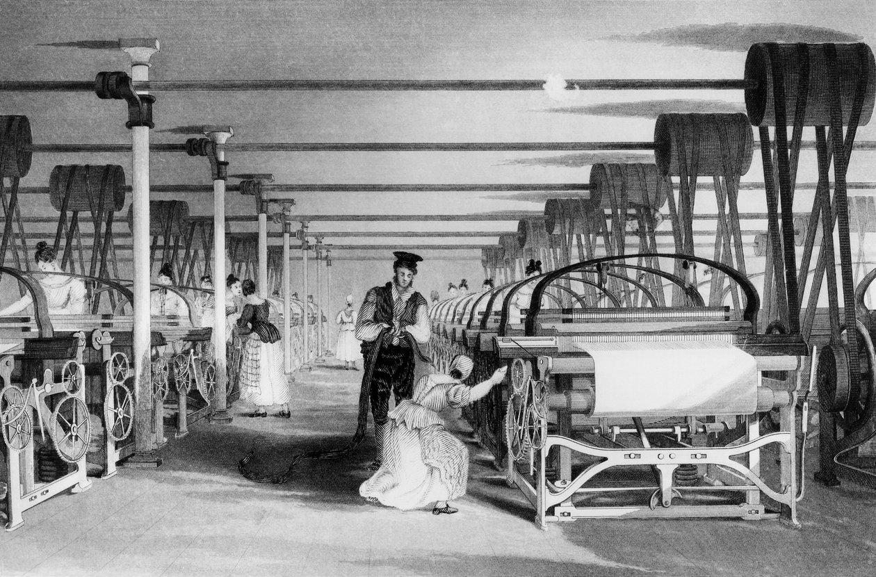Power Loom Weaving, graveret af J. Tingle, 1835 af Thomas Allom
