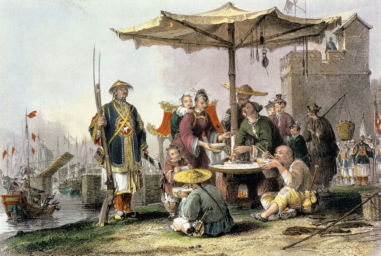Rissælgere på militærstationen Tong-Chang-Too, fra "China in a Series of Views" af George Newenham Wright (ca. 1790-1877) 1843 af Thomas Allom