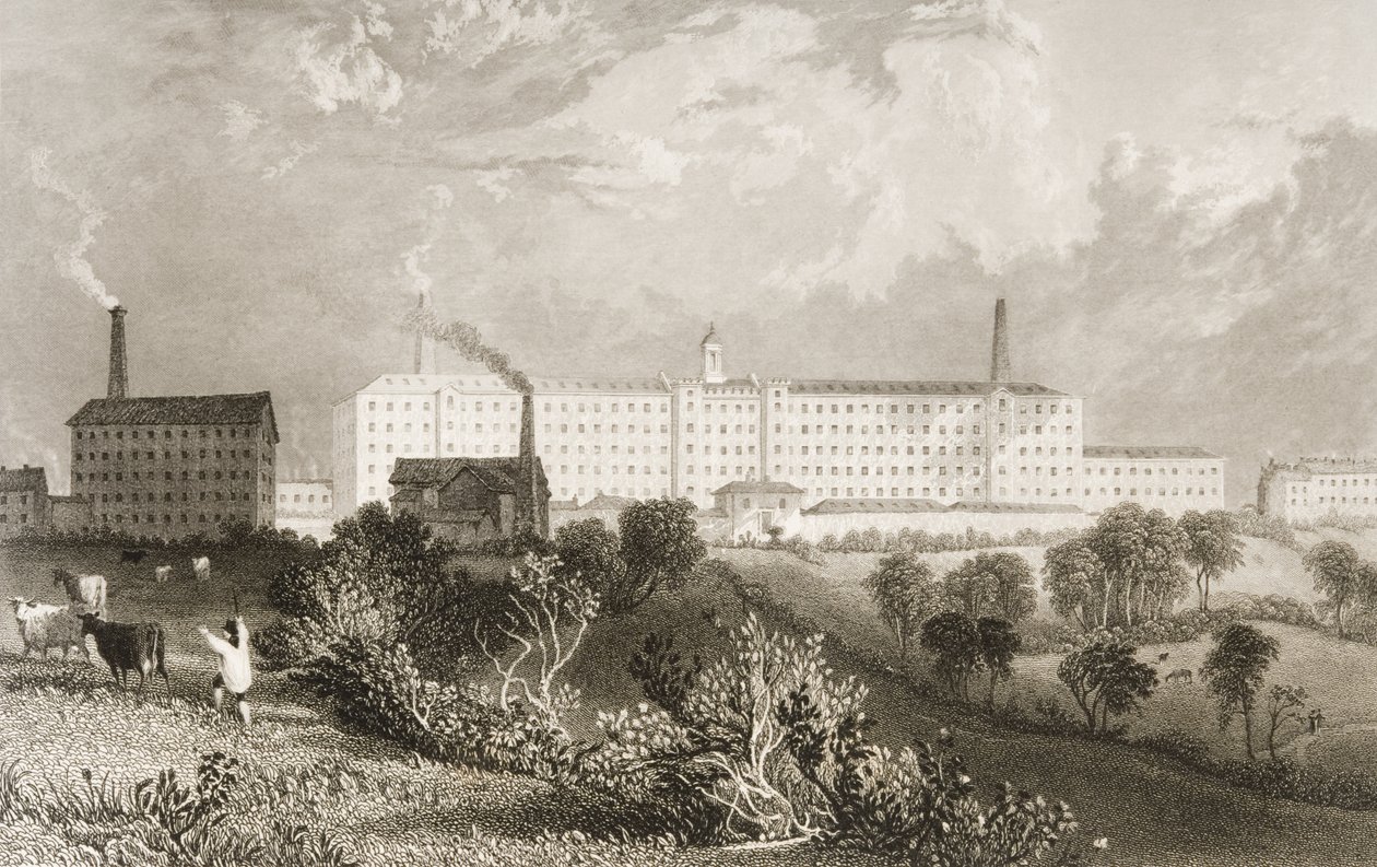 Swainson Birley und Co. fabrik nær Preston, Lancashire, graveret af James Tingle (fl.1830-60) ca. 1833 af Thomas Allom