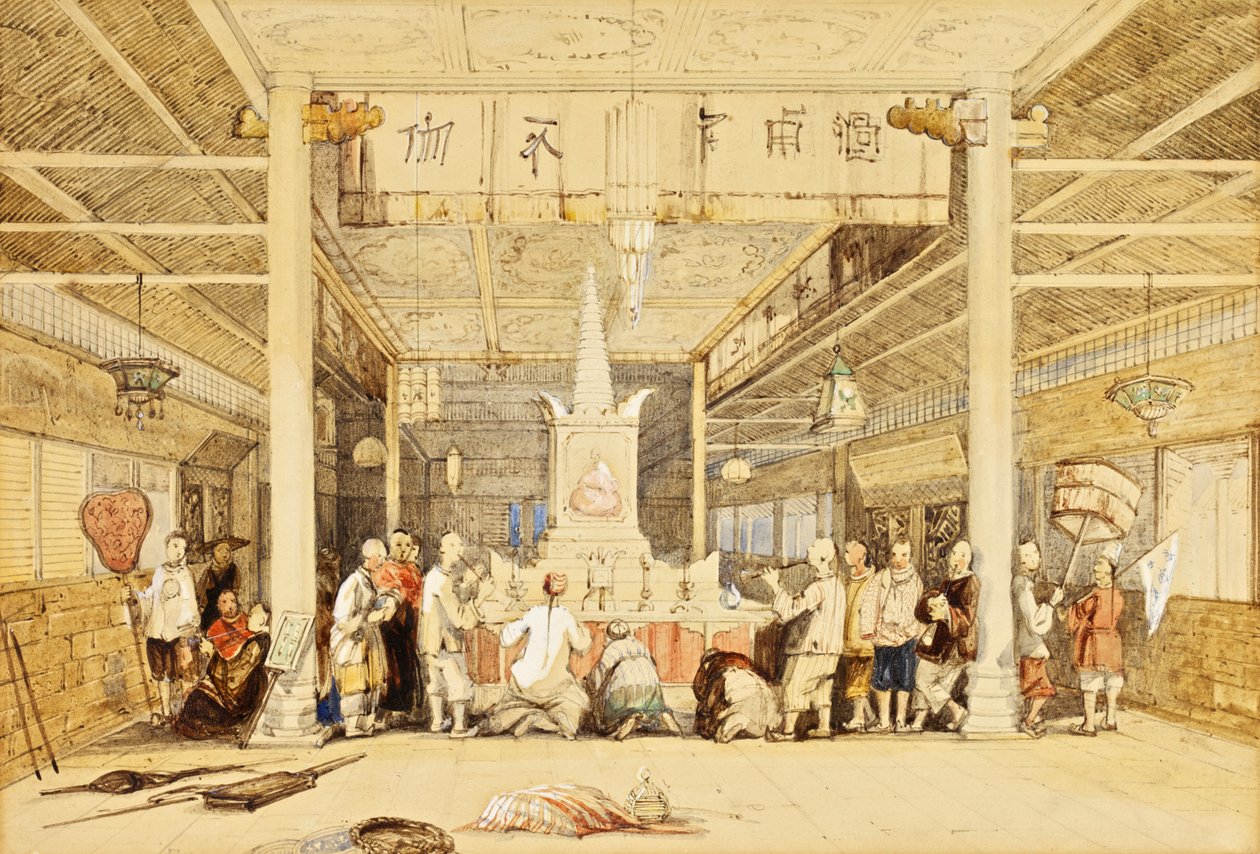 Buddhas tempel, kanton, ca. 1850 (pen og blæk, blyant, vask, forhøjet med hvidt på papir) af Thomas Allom