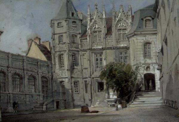 Hotel Bourgtheroulde på Place de la Pucelle, Rouen (wc på papir) af Thomas Allom