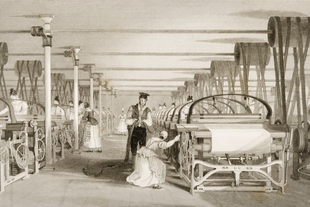 Vævning på Power Looms, Bomuldsfabriksgulv, indgraveret af James Tingle (fl.1830-60) c.1830 af Thomas Allom