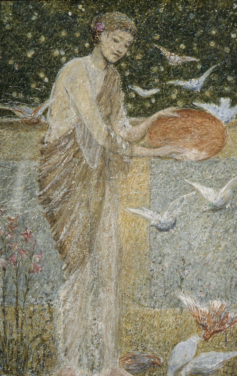 Pige fodrer duer. En af tre skitser til udsmykningen af Bank Hall, nær Chapel-en-le-Frith, Derbyshire af Thomas Armstrong