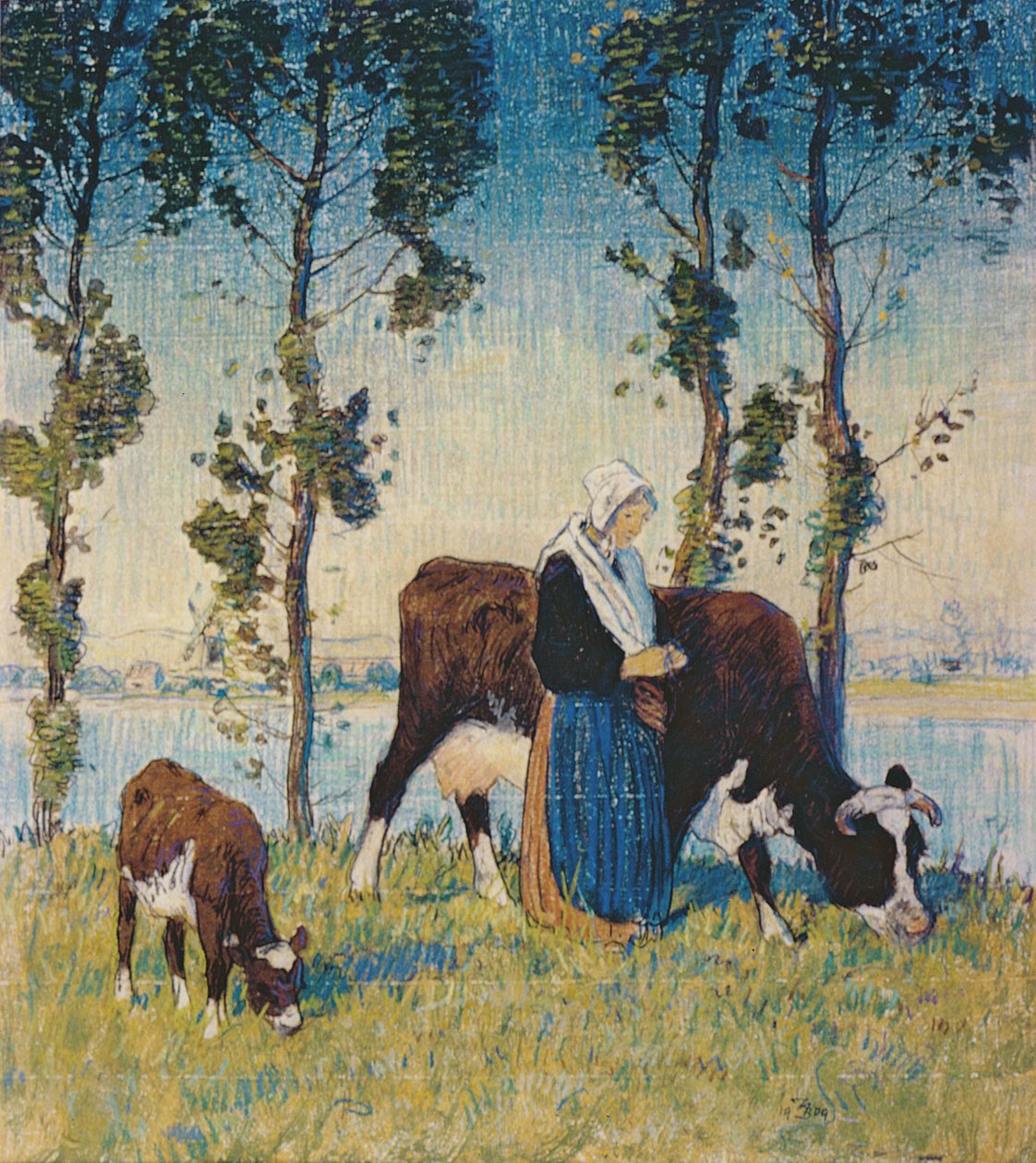 Kvinde med en ko og kalv (pastel) af Thomas Austen Brown