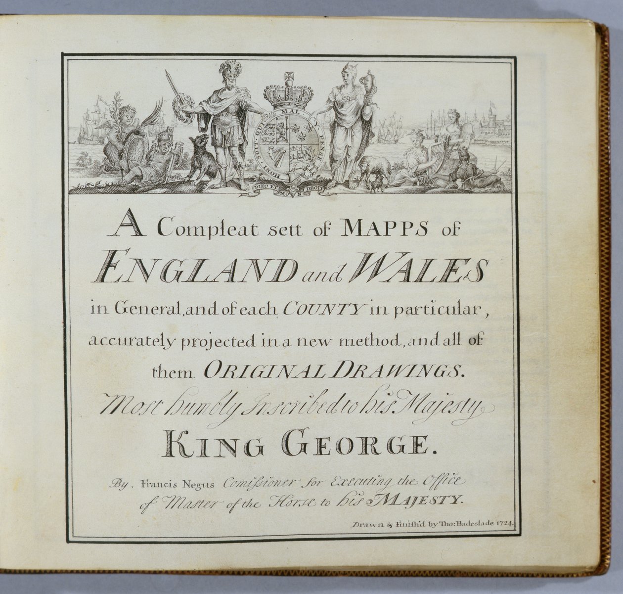 Titelside på et komplet sæt af kort over England og Wales i almindelighed..., 1724 (pen & blæk og wc på papir) af Thomas Badeslade