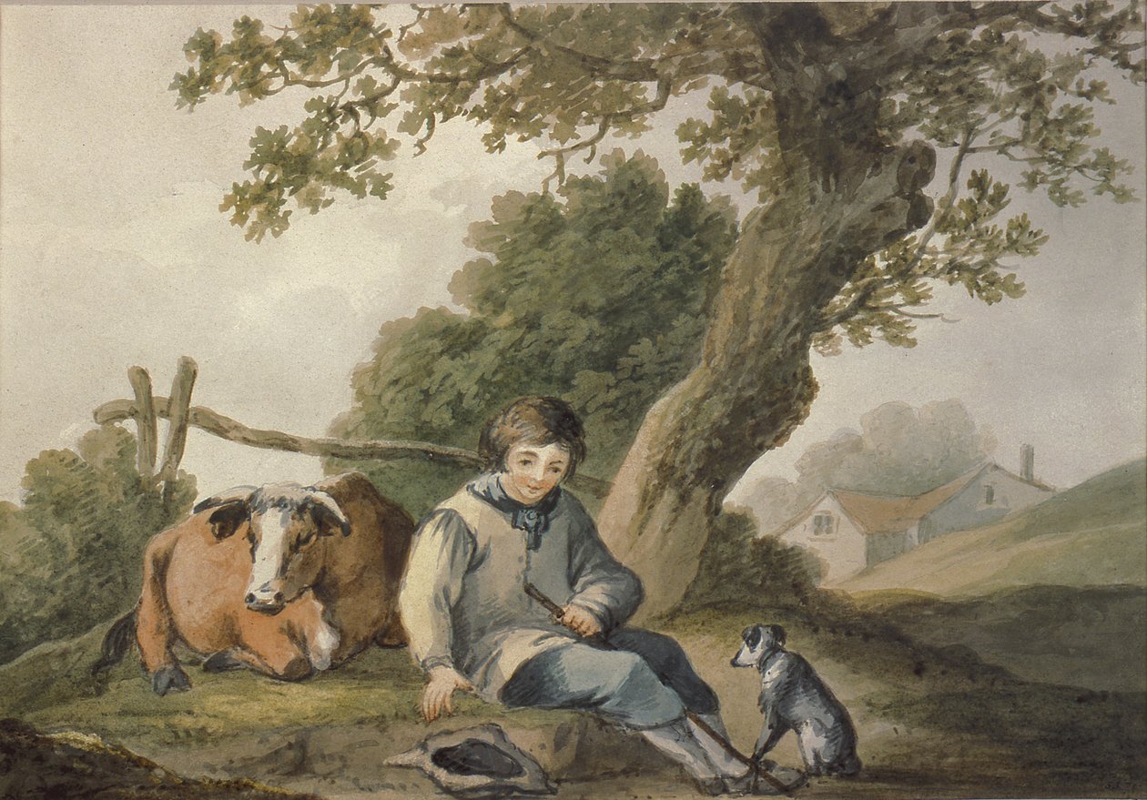 Landskab med ko og dreng (wc på papir) af Thomas Barker of Bath