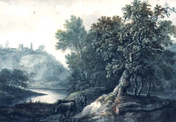 Landskab med flod og kvæg (wc på papir) af Thomas Barker of Bath