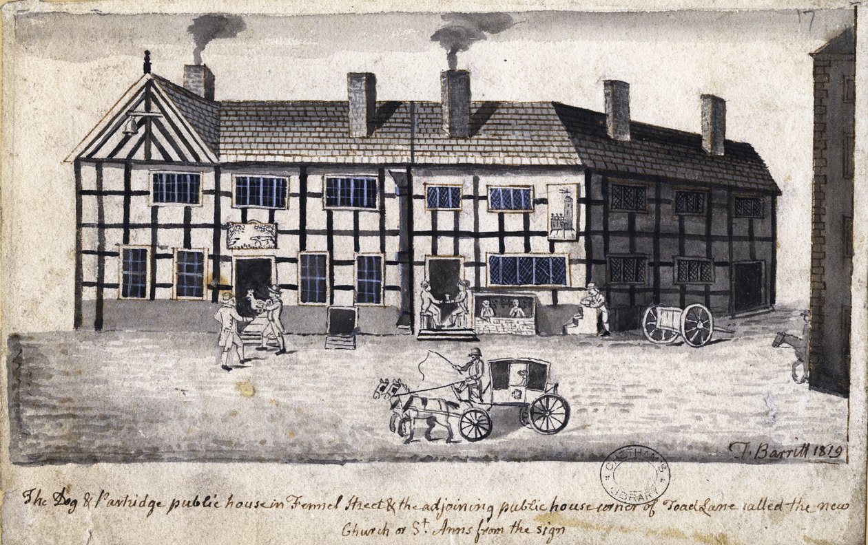 The Dog and Partridge, Manchester, 1819 (pen og blæk og vask på papir) af Thomas Barritt
