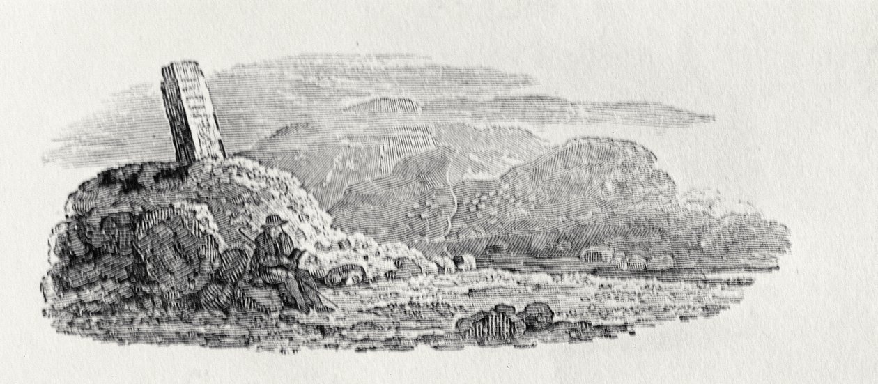 Rejsende læser under en milepæl (trægravering) af Thomas Bewick