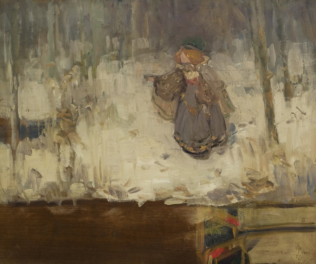 En rødhåret pige i grå kjole i en skov, 1886 af Thomas Blacklock