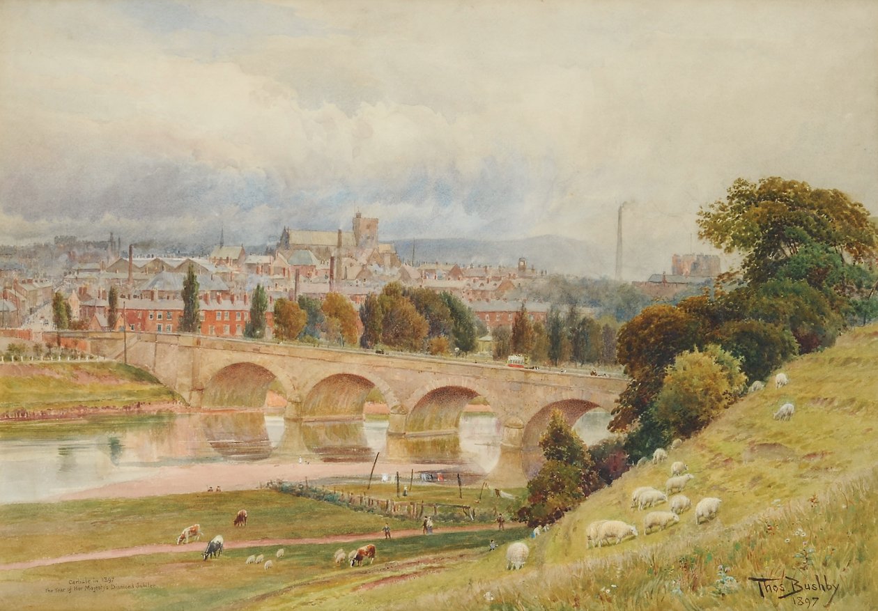 Carlisle fra Rickerby Park i året for Her Majestys Diamond Jubilee, 1897 (wc på papir) af Thomas Bushby