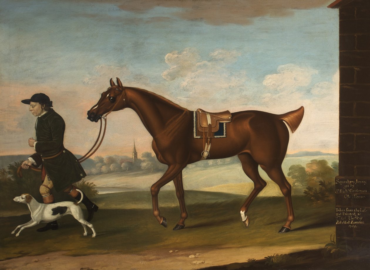 Squeaking Jenni Got af Sir Richard Grosvenors Old Terror med Sir P. B. Leicesters Groom and Hound, 1755 af Thomas, of Pall Mall Butler
