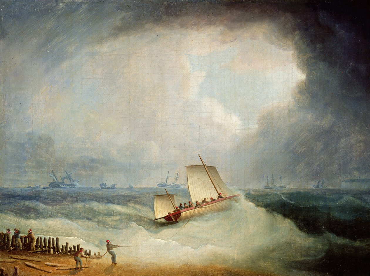 A Deal Lugger tager afsted til et stormbundet skib i Downs, South Foreland af Thomas Buttersworth