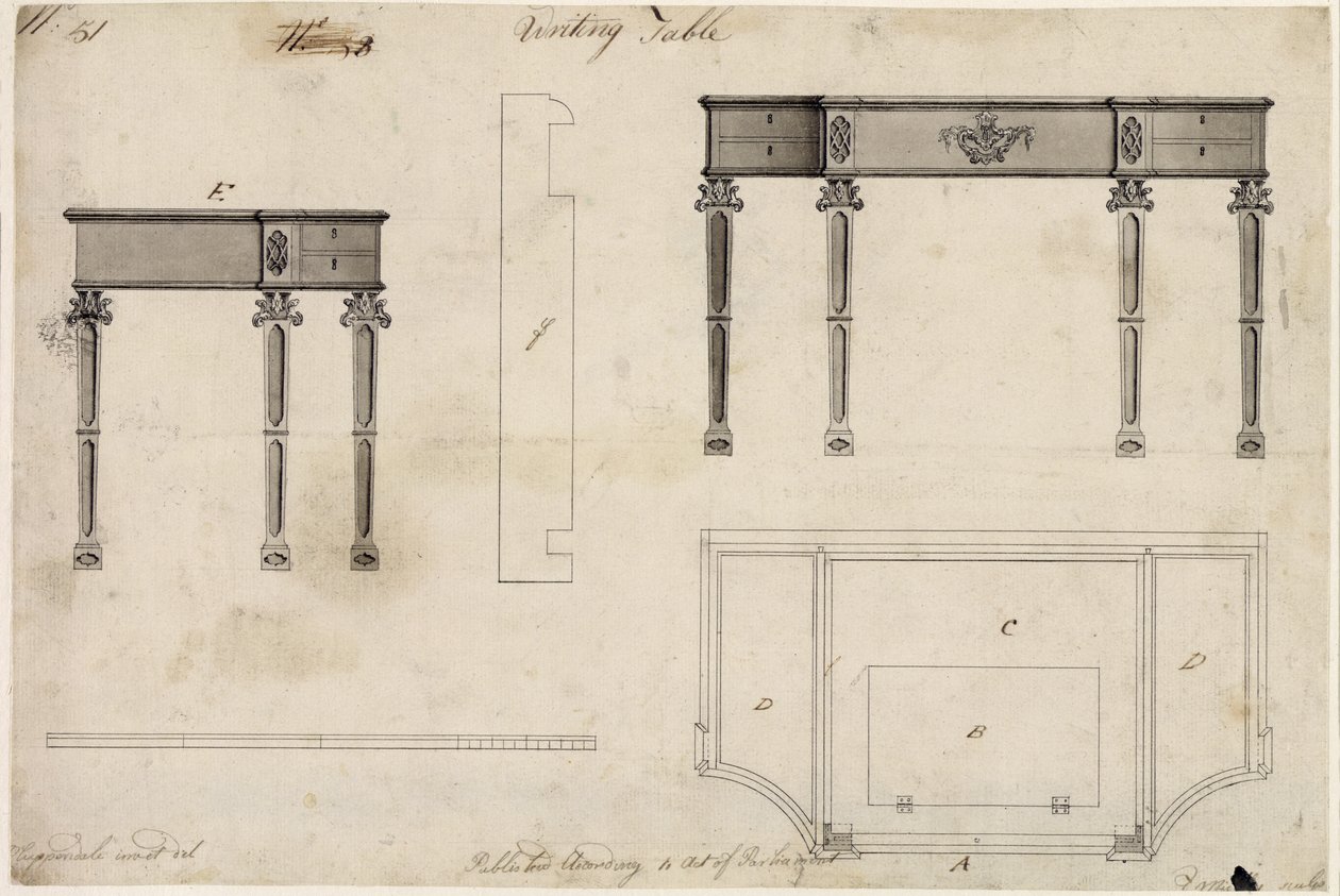 Design for a Writing Table (pen og blæk med grå vask over grafit på papir) af Thomas Chippendale