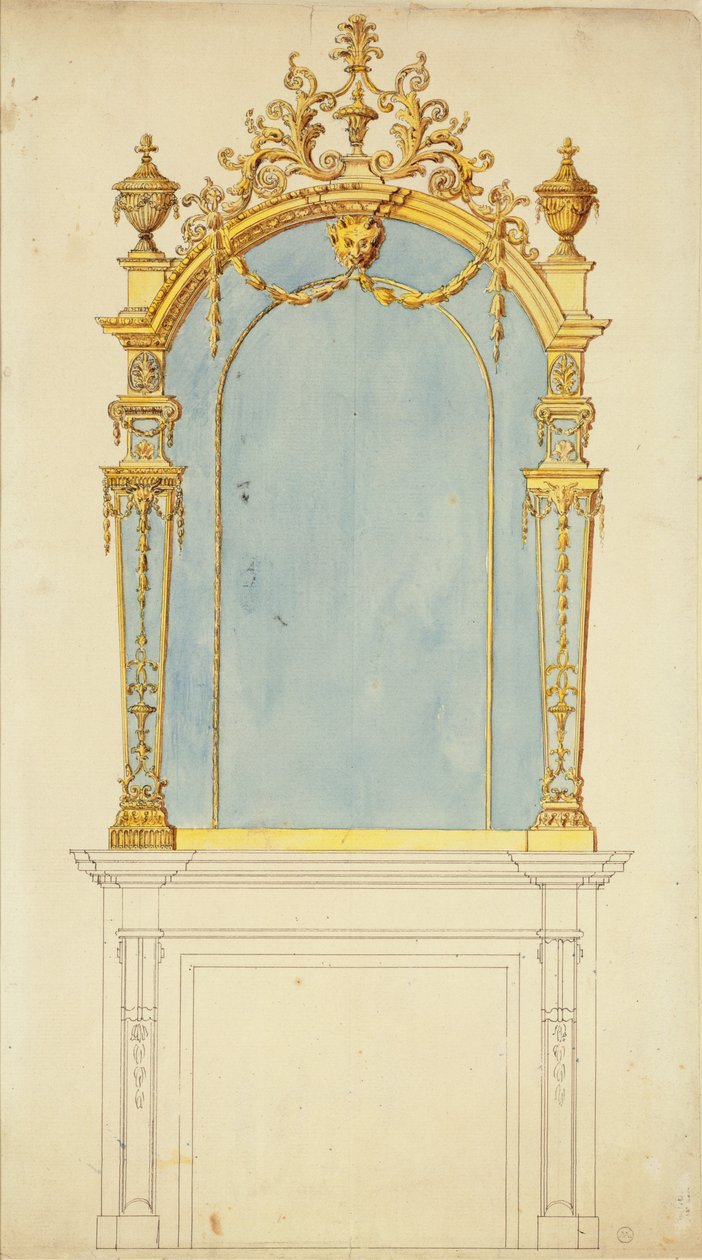 Design til et spejl af forgyldt træ, ca. 1765-70 (pen og blæk med wc på papir) af Thomas Chippendale