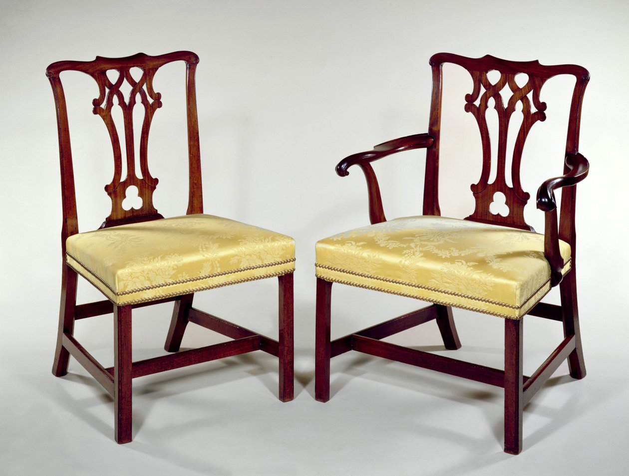 Spisestuestole med flettet splat ryg og firkantede affasede ben, ca. 1760 (mahogni) af Thomas Chippendale