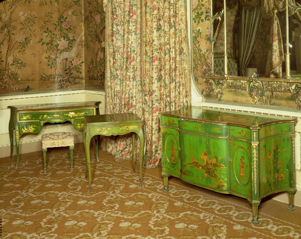 Grønne og guldlakerede møbler i statens sengekammer i Nostell Priory, Yorkshire af Thomas Chippendale