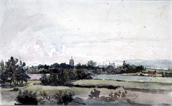 Landskab i Suffolk, marker med et bælte af træer, et kirketårn, huse og en vindmølle af Thomas Churchyard