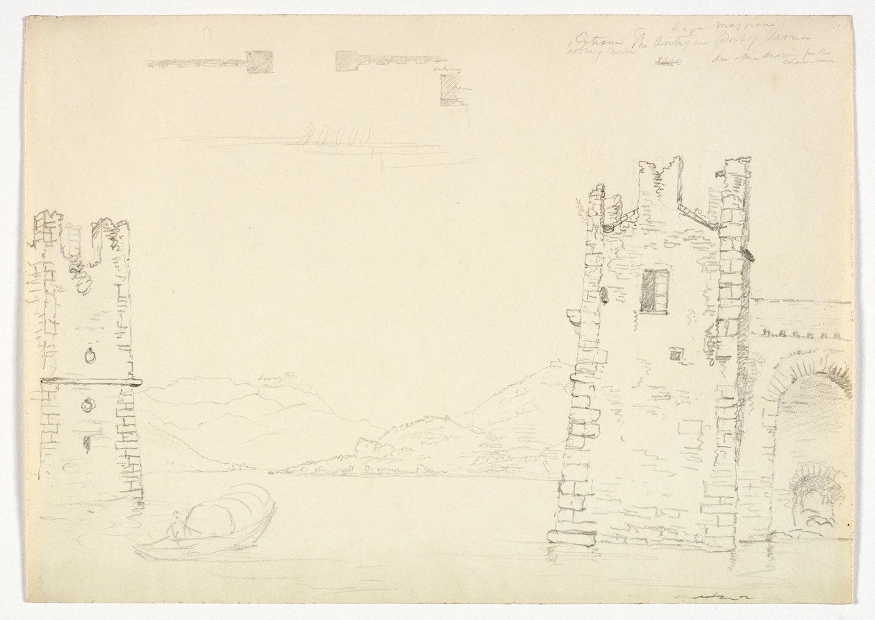 Antik havn i Arona, Lago Maggiore, 1842 (grafitblyant på vævet papir) af Thomas Cole