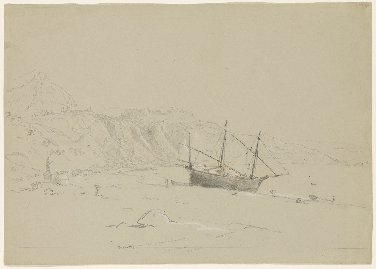 Båd på en strand nær Taormina, Sicilien, 1842 (blyant forhøjet med hvidt kridt på papir) af Thomas Cole
