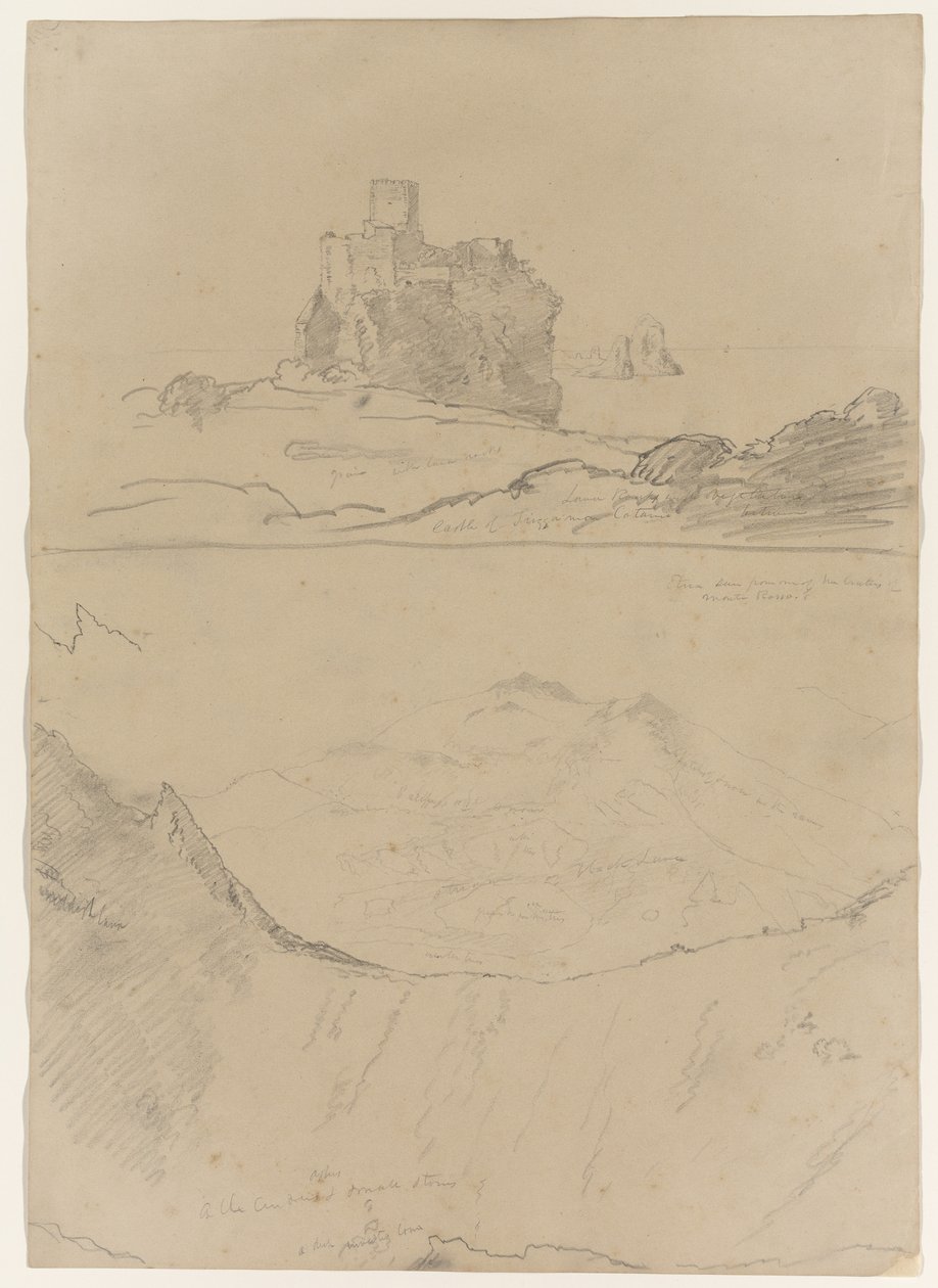 Slottet Trezza nær Catania og Etna, set fra Monte Rosso og også fra et af kraterne i Monte Rosso, Sicilien, 1842 af Thomas Cole