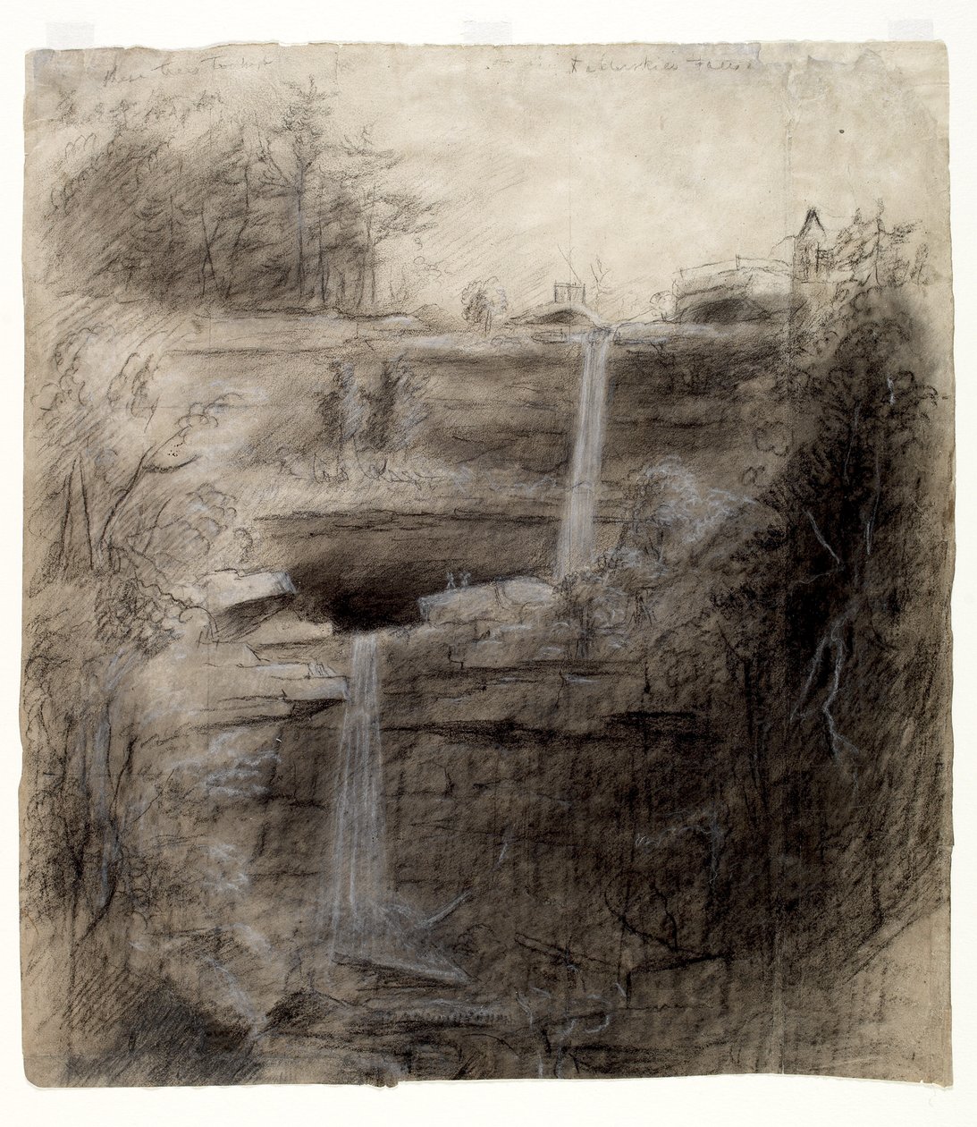 Dobbelt vandfald - Kaaterskill Falls, 1826 (kul, sort/hvid farveblyant og grafitblyant på papir) af Thomas Cole