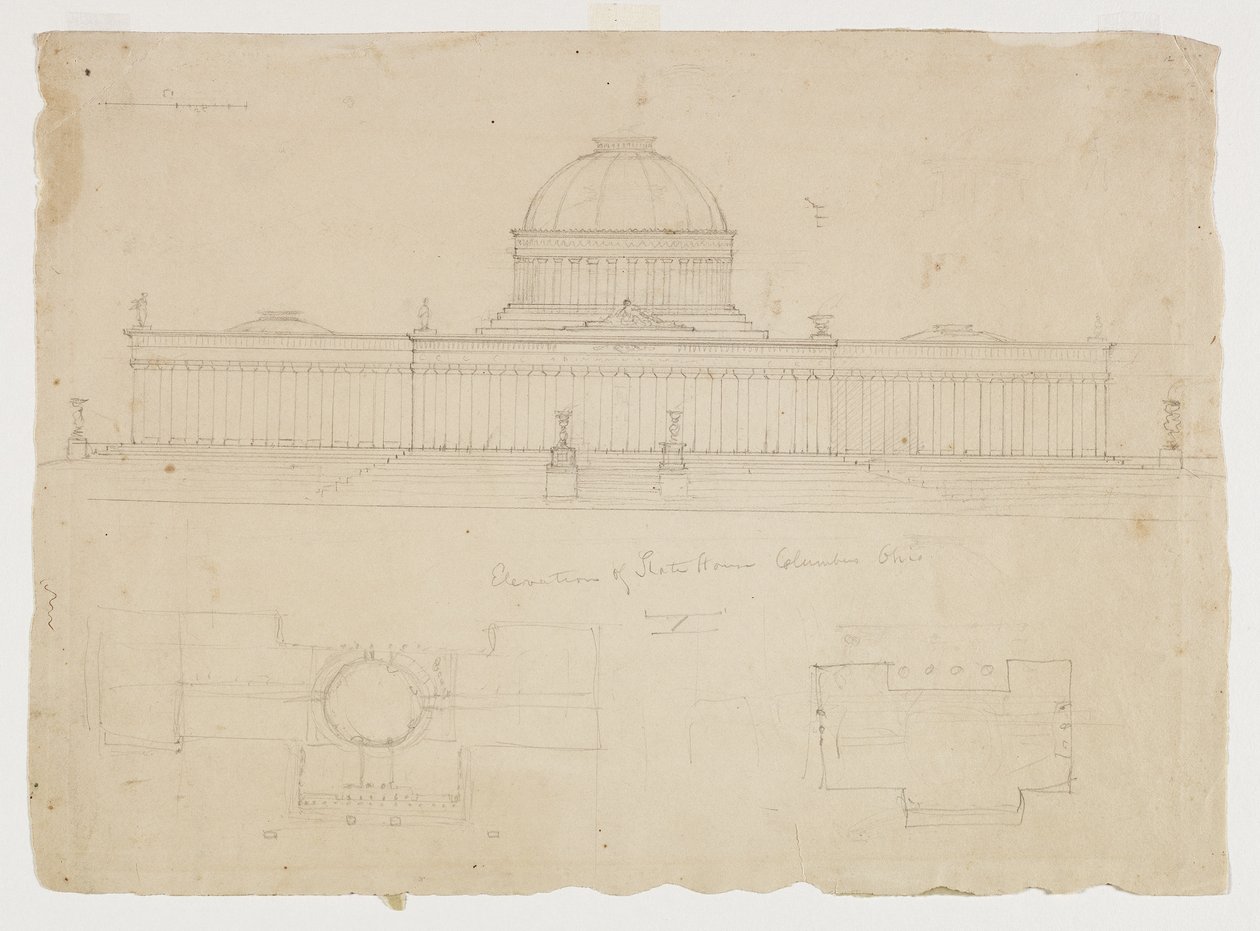 Elevation of the State House, Columbus, Ohio, ca. 1838 (grafitblyant på beige vævet papir) af Thomas Cole
