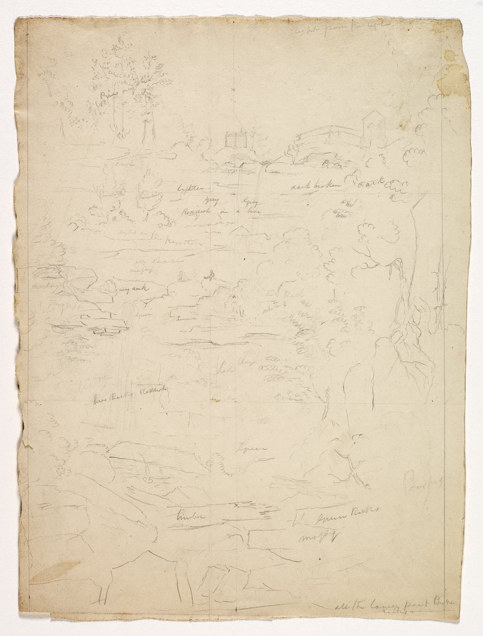 Fra toppen af Kaaterskill Falls, 1826 (grafitblyant på råhvidt vævet papir) af Thomas Cole