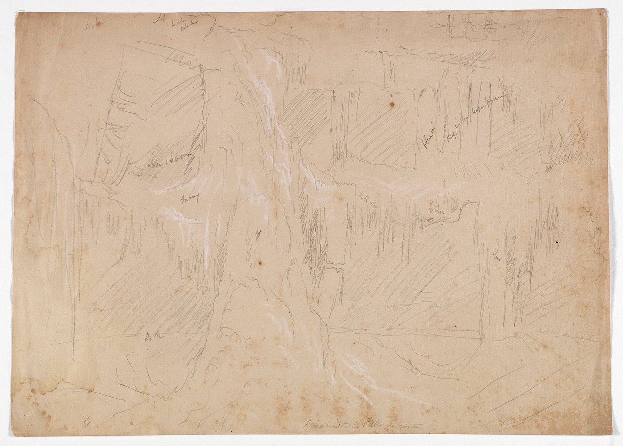 Kaaterskill Fall in Winter, 1843 (grafitblyant forhøjet med hvidt kridt på papir) af Thomas Cole