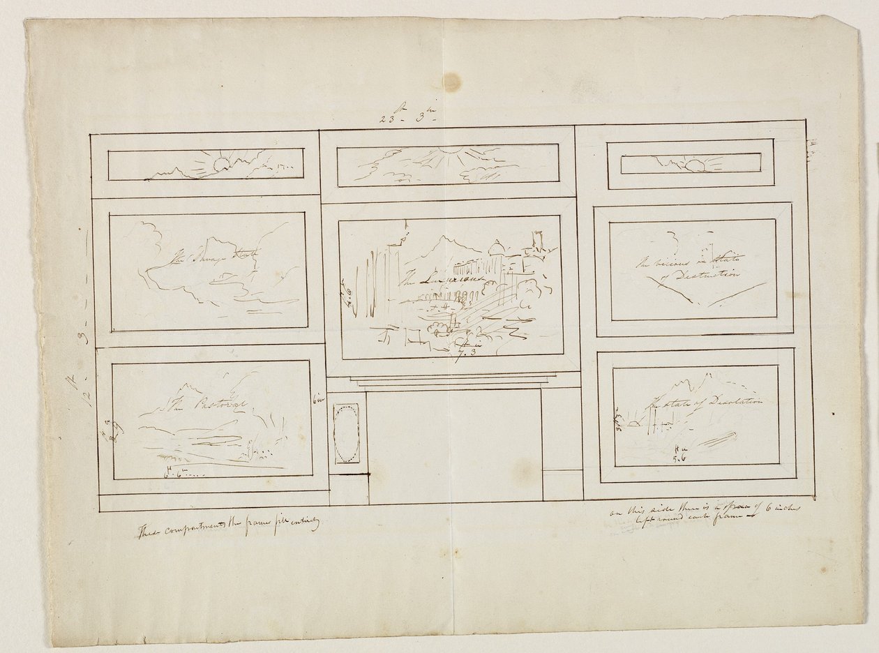 Layout til The Course of Empire, 1833 (pen og blæk over blyant på papir) af Thomas Cole