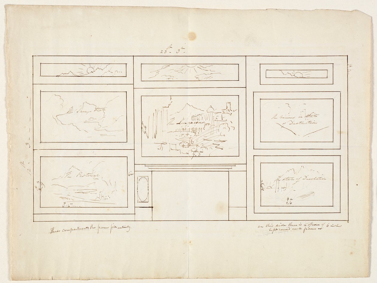 Layout for The Course of the Empire, 1833 (pen og brunt blæk over grafitblyant på råhvidt vævet papir) af Thomas Cole