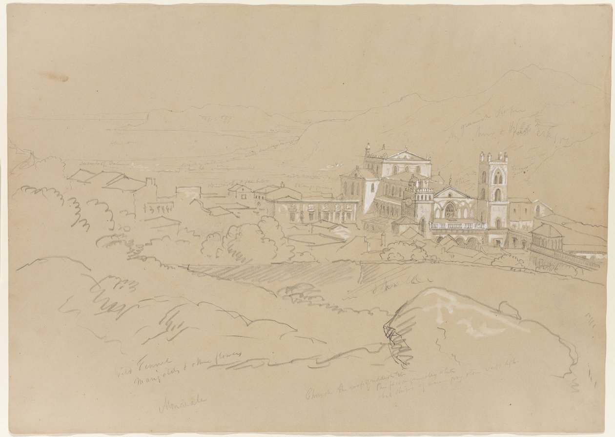 Monreale, Sicilien, 1842 (blyant forhøjet med hvidt kridt på papir) af Thomas Cole