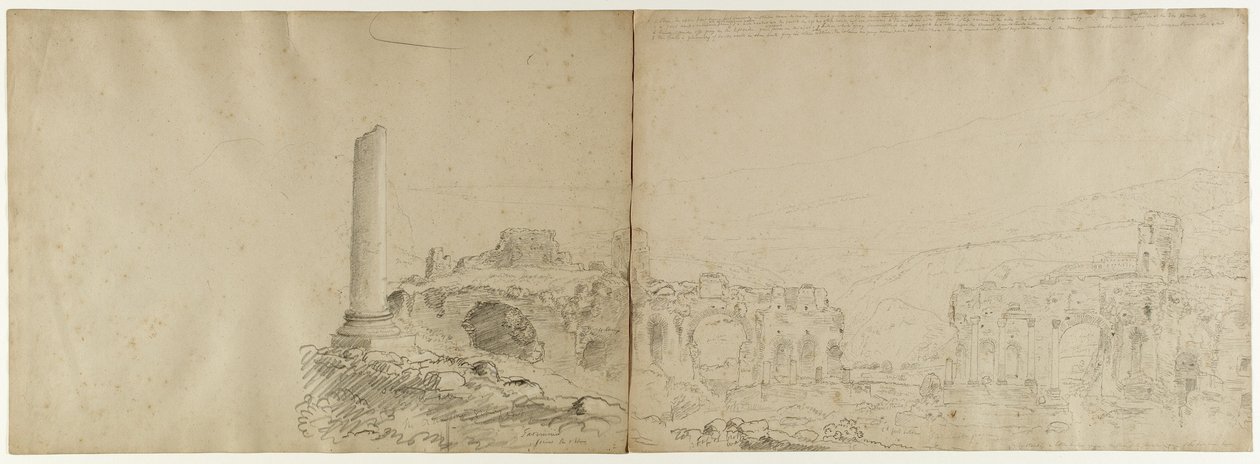 Etna fra Taormina, Sicilien, 1842 (blyant forhøjet med hvidt kridt på papir) af Thomas Cole